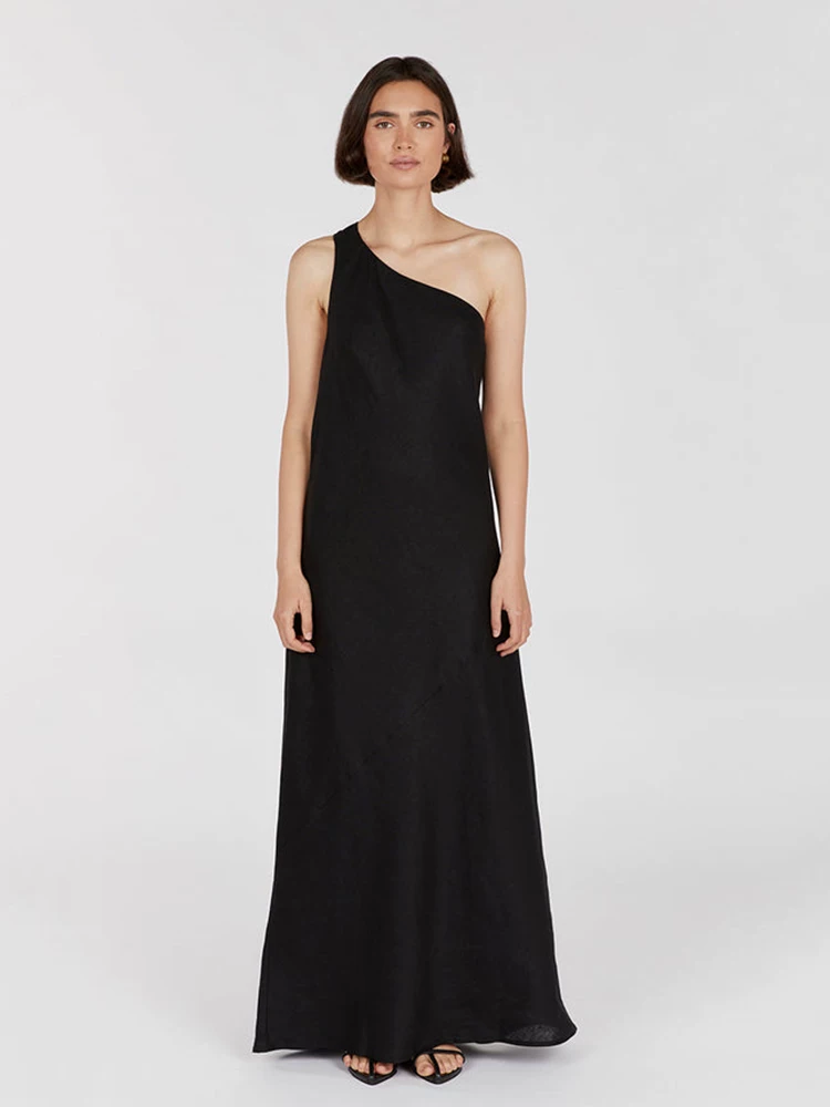 Lässiges langes Leinenkleid für Damen mit asymmetrischem Saum