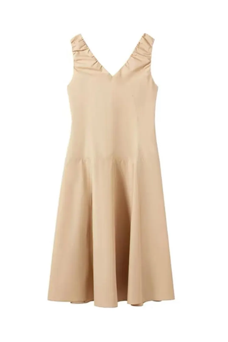 Neues khakifarbenes, ärmelloses Bürokleid für Damen mit V-Ausschnitt